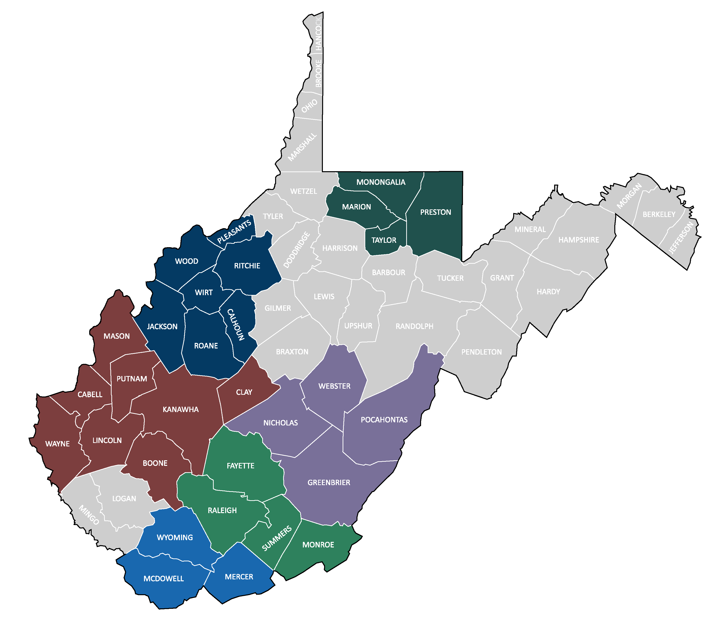 The map of West Virginia shows the counties that various health systems across the state serve. Each county is marked with a distinct color representing the respective health system on the map, helping users identify and differentiate between the systems and their locations within West Virginia. The colors of each county indicate the following locations: FMRS Health Systems has offices in Raleigh County, Fayette County, Monroe County, and Summers County. Prestera Health Services has offices in Cabell County, Boone County, Clay County, Kanawha County, Lincoln County, Mason County, Putnam County, and Wayne County. Seneca Health Services has offices in Nicholas County, Webster County, Pocahontas County, and Greenbrier County. Southern Highlands Community Mental Health Center has offices in Mercer County, McDowell County, and Wyoming County. Valley Healthcare System has offices in Monongalia County, Marion County, Taylor County, and Preston County. Westbrook Health Services has offices in Wood County, Roane County, Jackson County, Pleasants County, Wirt County, Calhoun County, and Ritchie County.